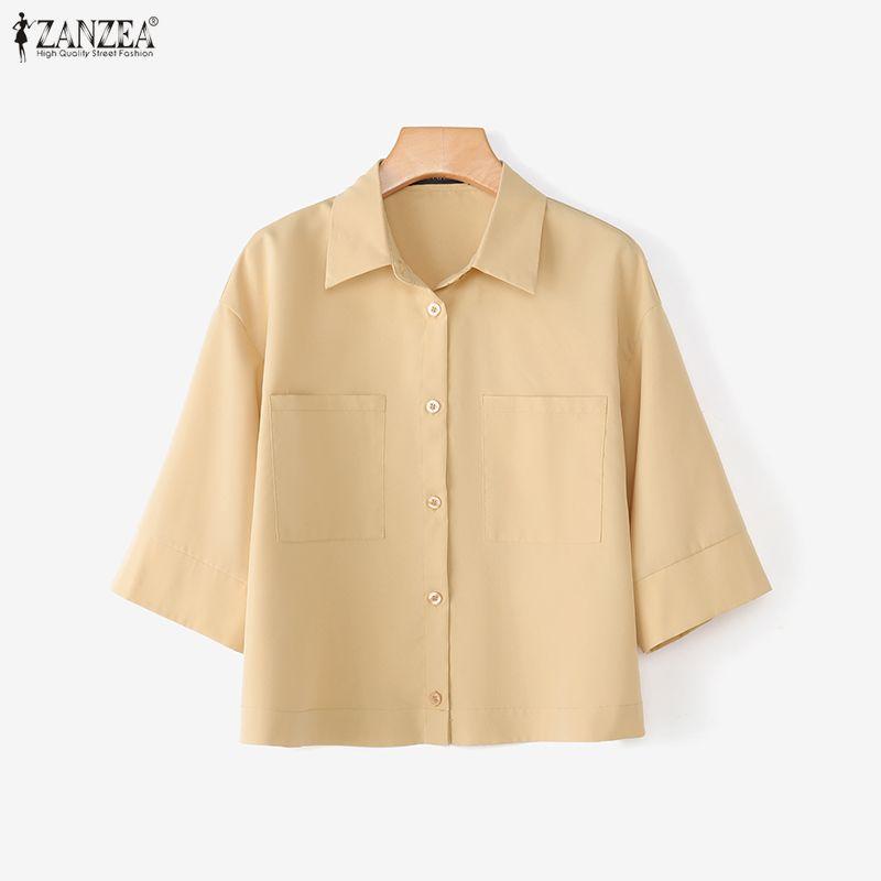 ZANZEA Womens 3/4 Sleeve Lapel Button Down Loose Cropped Shirt Blouse