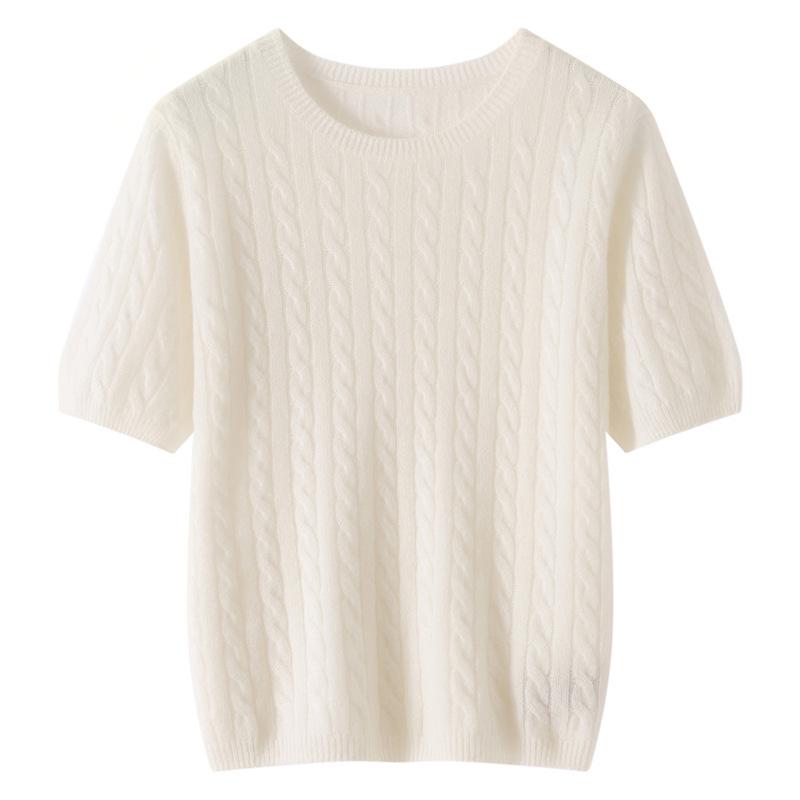 Women's 100% Cashmere Short Sleeve Cable Knit Pullover, Round Neck, Solid Color