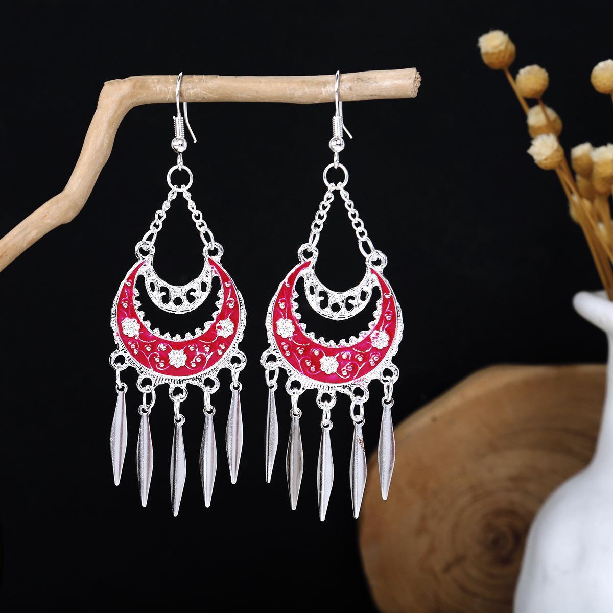 

Ethnic Miao Silver Feather Tassel Earrings - Colorful, Trendy Design