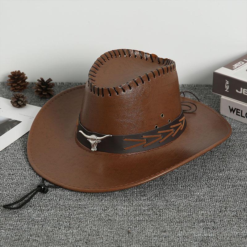 New Vintage Fashion Cow Head Decorated Western Cowboy Hat Faux Leather Panama Style Bucket Jazz Cap for Men