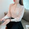 Maglia Intima a Maniche Lunghe con Collo Semi-Alto e Fondo in Pizzo da Donna Autunno Inverno Aderente Top in Maglia Blusa in Rete