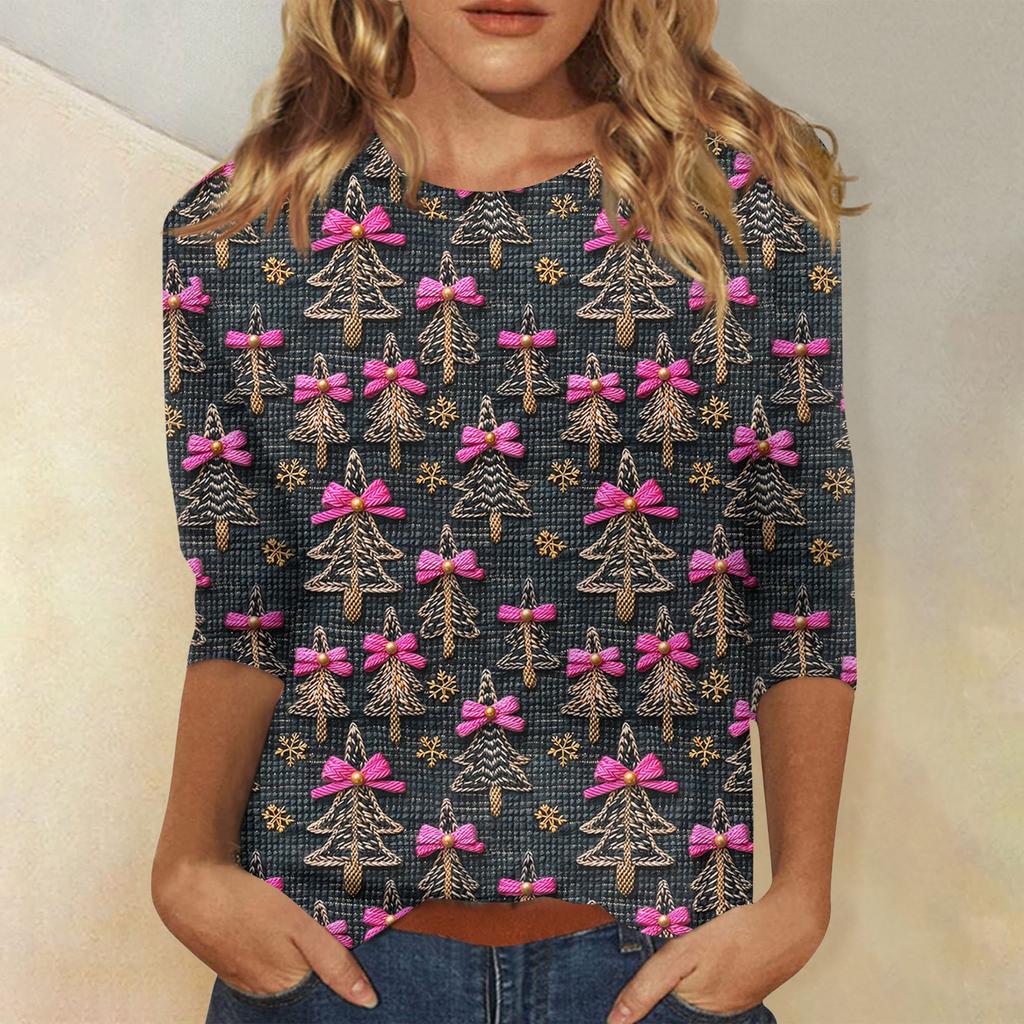 Women's Fashionable Casual Three-Quarter Sleeve Christmas Print Round Neck Top