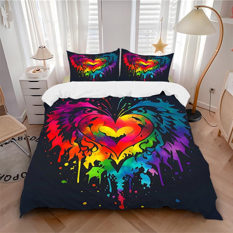 

3pcs Heart Rainbow 1Cover + 2Pillowcases, PillowInserts NotIncluded, Machine Washable, All - Season Use, Suitable for Bedroom Guest Room79 135x200cm