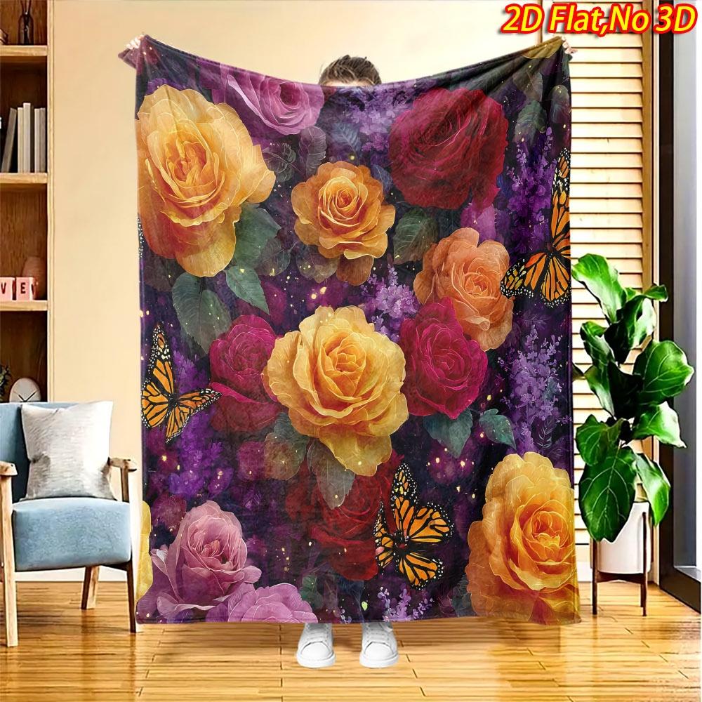 1pc 1pcs Colorful Rose & Butterfly Print Blanket Suitable for All Seasons, Soft Flannel Bedspread with Multicolor Roses & Butterfly, Machine Washable