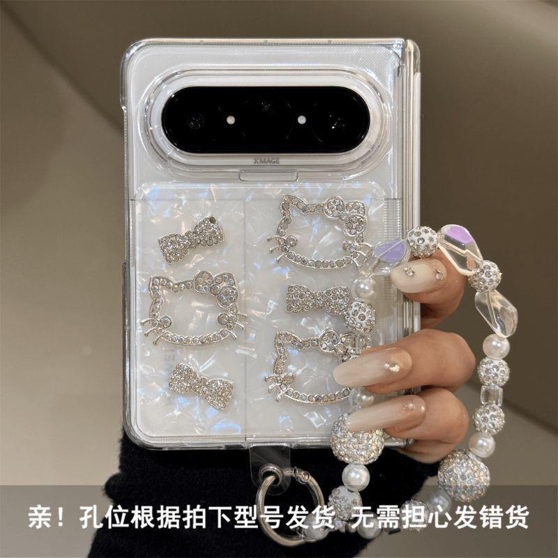 Kawaii KT Cat Makeup Mirror Phone Case Pura X Max Foldable Dual Hinge Shockproof TPU Cover With Chain