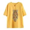 Vintage Embroidered Loose Fit V-neck Short Sleeve Cotton Linen T-Shirt Women Top
