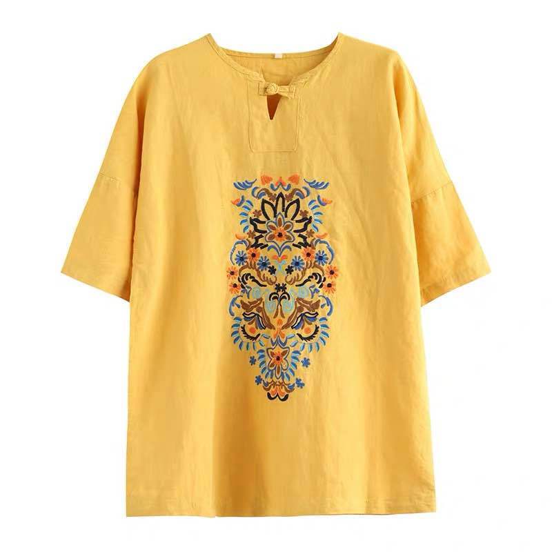 Vintage Embroidered Loose Fit V-neck Short Sleeve Cotton Linen T-Shirt Women Top