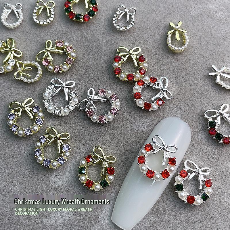

Nail Jewelry 3D Christmas Wreath & Bowknot Rhinestone Pearl Decoration