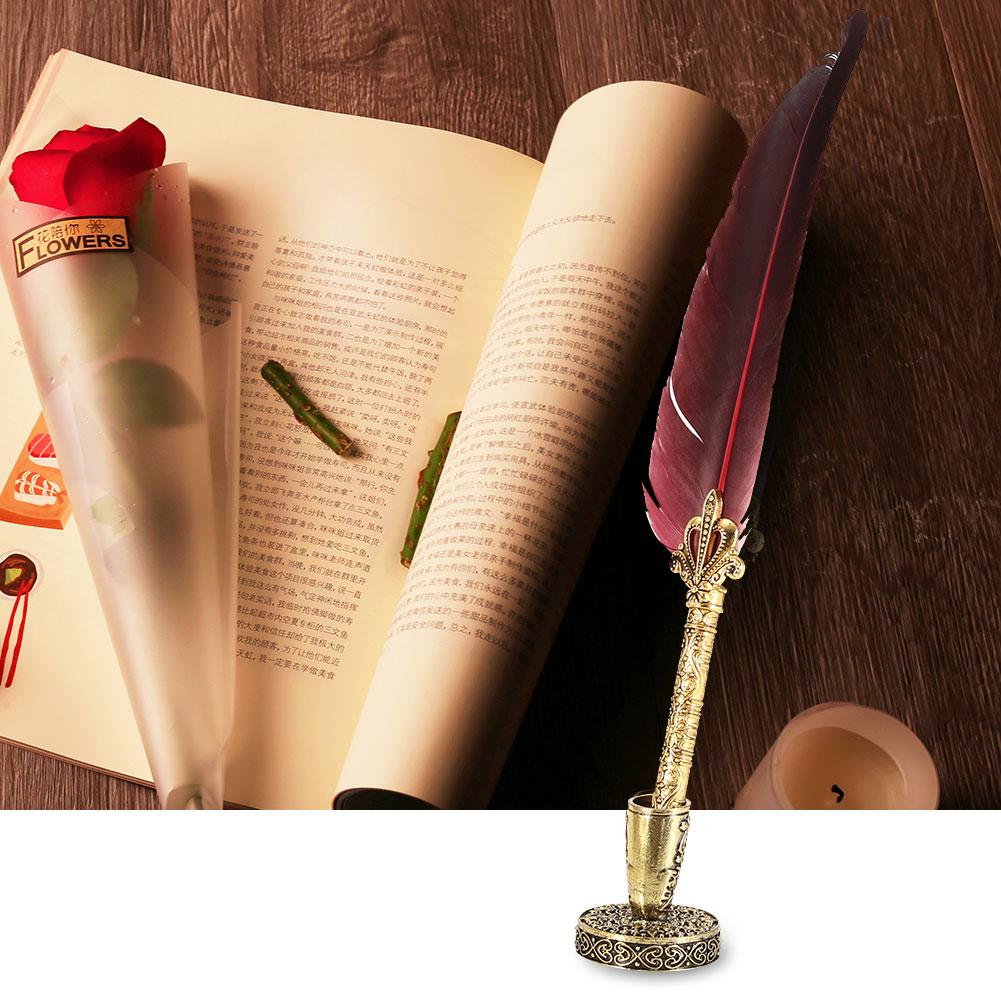 Vintage Retro Feather Dip Pen Stainless Steel Nibs Calligraphy Writing Ink Pen Gift(wine Red)
