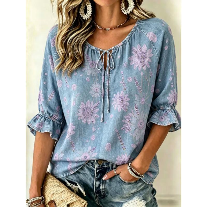Women's Elegant Printed Lace-up Flared Top, Stylish and Versatile, Comfortable and Skin-friendly