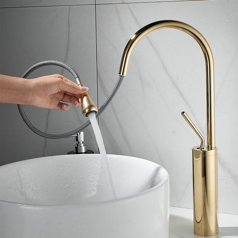 TLXT Water Drop Gold Pull-Out Hot & Cold Washbasin Faucet