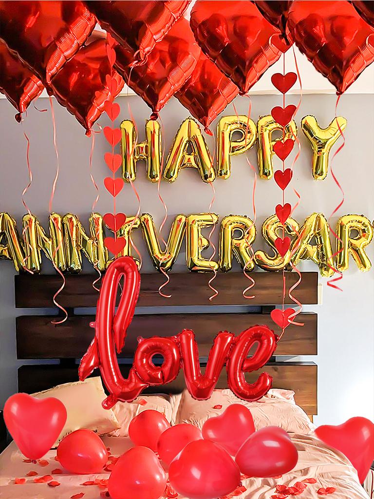 1 Satz goldene herzförmige Happy Anniversary-Ballons, zur Valentinstags-Partydekoration, Jubiläum, Hochzeit, Party mit Liebesthema