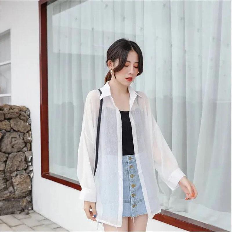 Sunscreen Chiffon Shirt Female Summer Coat Korean Version  Thin Section  Blouse Loose Air-conditioned Shirt Tide Womens Tops White Polo Collar Shirt