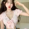 Bow Bandage Tops Sweet Crop Top Women's  Tops Floral Print Bow Slim  V Neck Short-Sleeved T-Shirt