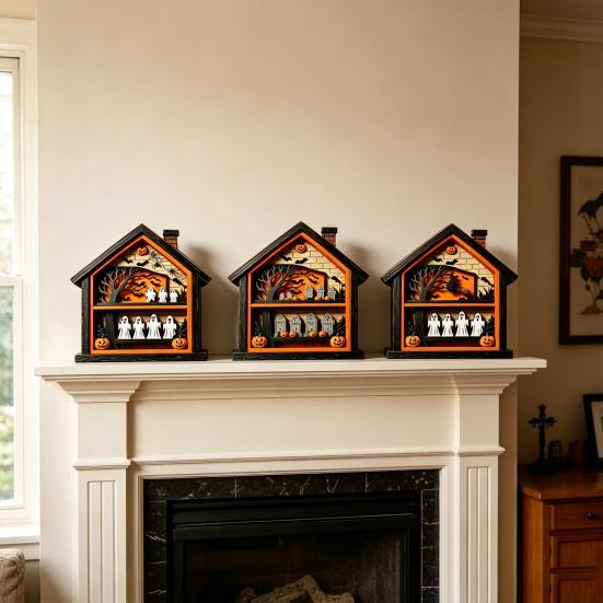 Halloween Wooden Table Sign Ghost Skeleton Block Spooky House Shape Sign Rustic Farmhouse