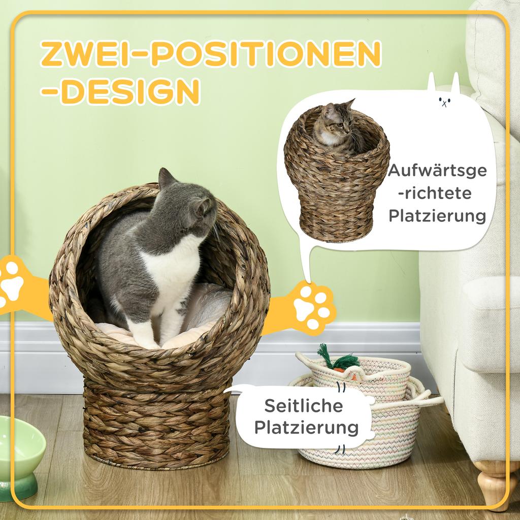 Woven Banana Leaf Elevated Cat Bed Wicker Kitten Basket Pet Den. House Cosy Cave with Soft Cushion Dome 40x37x51cm Grey