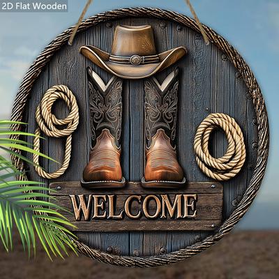 Western Cowboy Style Wooden Sign with Hat Boots Pattern - Round Sign for Front Door, Wall Decor - Ideal Decorative Hanging Plaque Party Decoration
