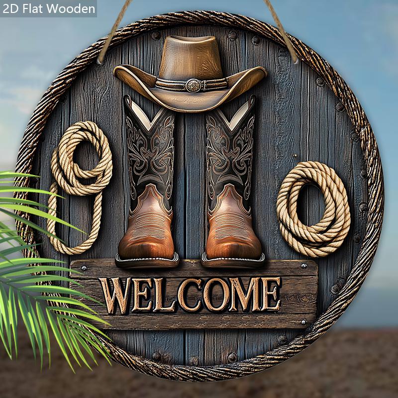 Holzschild im Western-Cowboy-Stil mit Hut-Stiefel-Muster - Rundes Schild für Haustür, Wanddeko - Ideale dekorative Hängeplakette Partydekoration