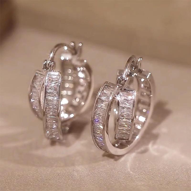 Double Layer Baguette Stone Inlaid Click Huggie Hoop Earrings Women Shiny Ear Jewelry