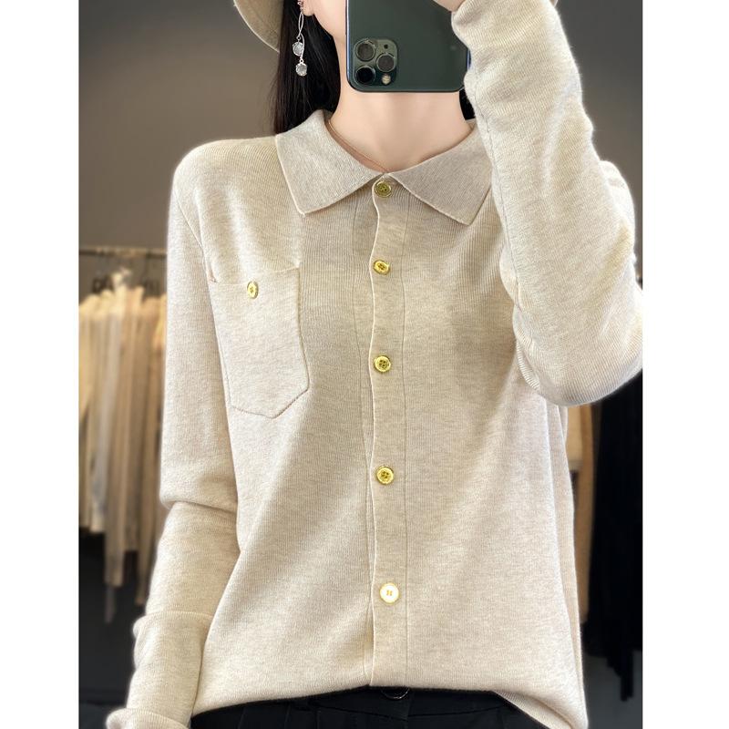 

Autumn New Polo Neck Sweater Cardigan Button Niche Design Outside Wear Long Sleeve Knitted Bottom Top S
