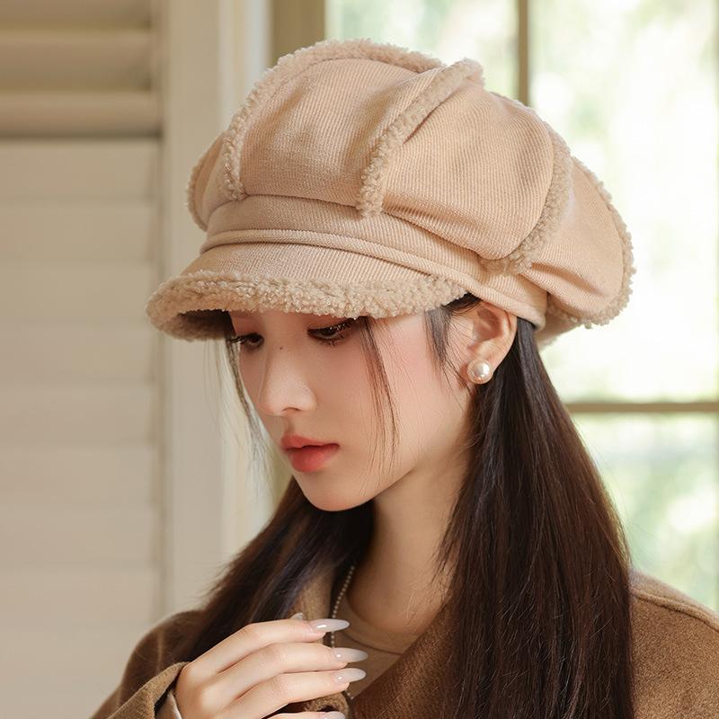 

Autumn and winter hats women s big head circumference shows the face small beret versatile octagonal hat retro velvet thermal cap One Size