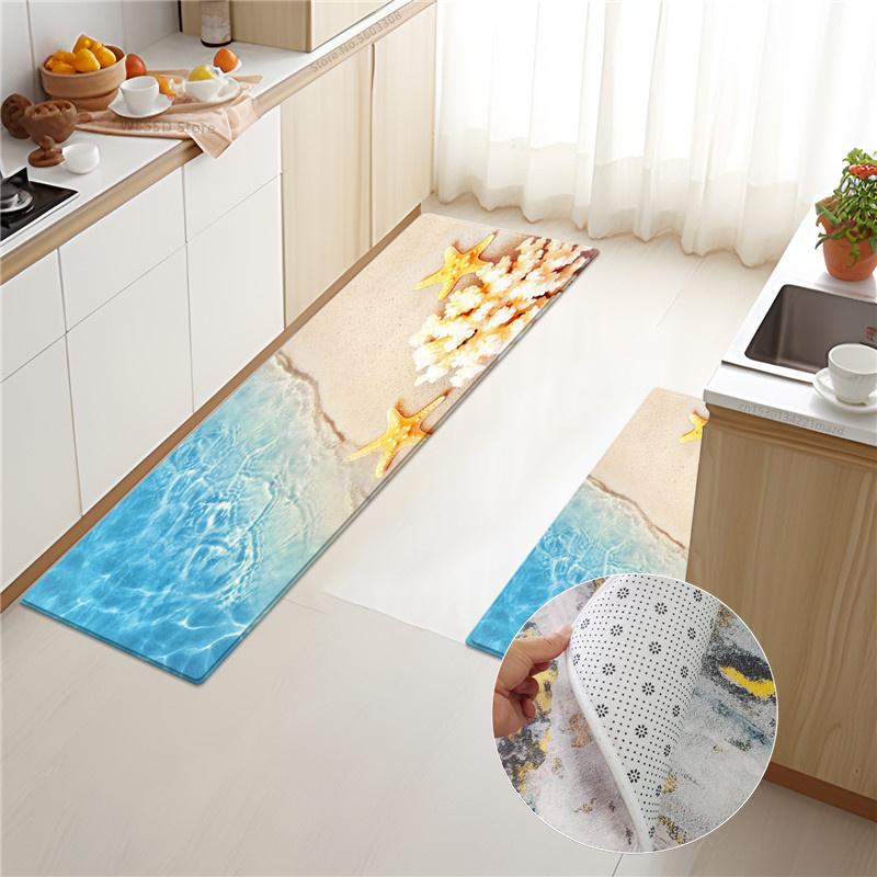 Marine Style Waves Rug For Kicthen Floor 3D Sea Print Kitchen Mat Set Sponge Material Bathroom Rug Absorbent Non-slip