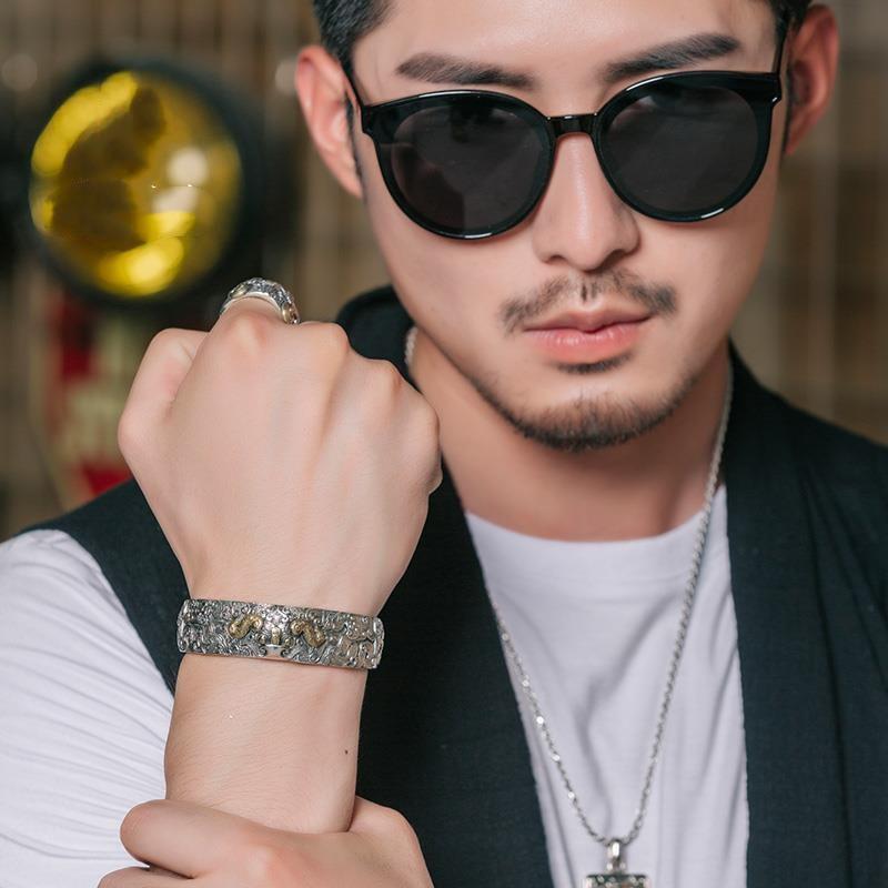 High End Kuiniu Bracelet for Men, Gluttonous Beast Face Pattern, Horned Dragon Silver Bracelet, Retro and Powerful New Style