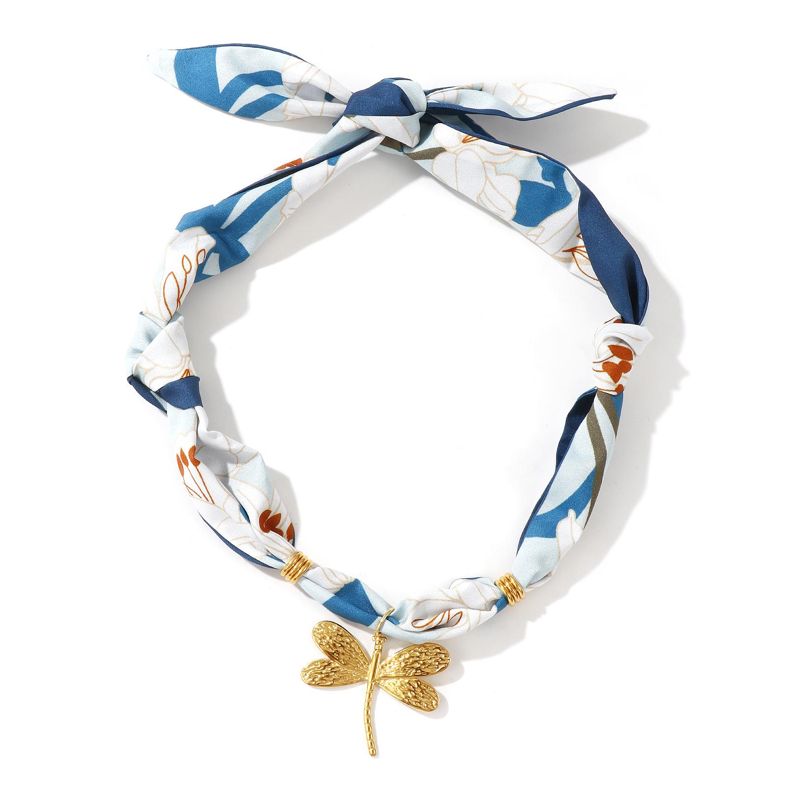 

Dragonfly Pendant Charm Scarf Necklace 304 Stainless Steel & Polyester 80cm(31.5 ) For Women Lily Flower Ink Blue Pastoral Gift