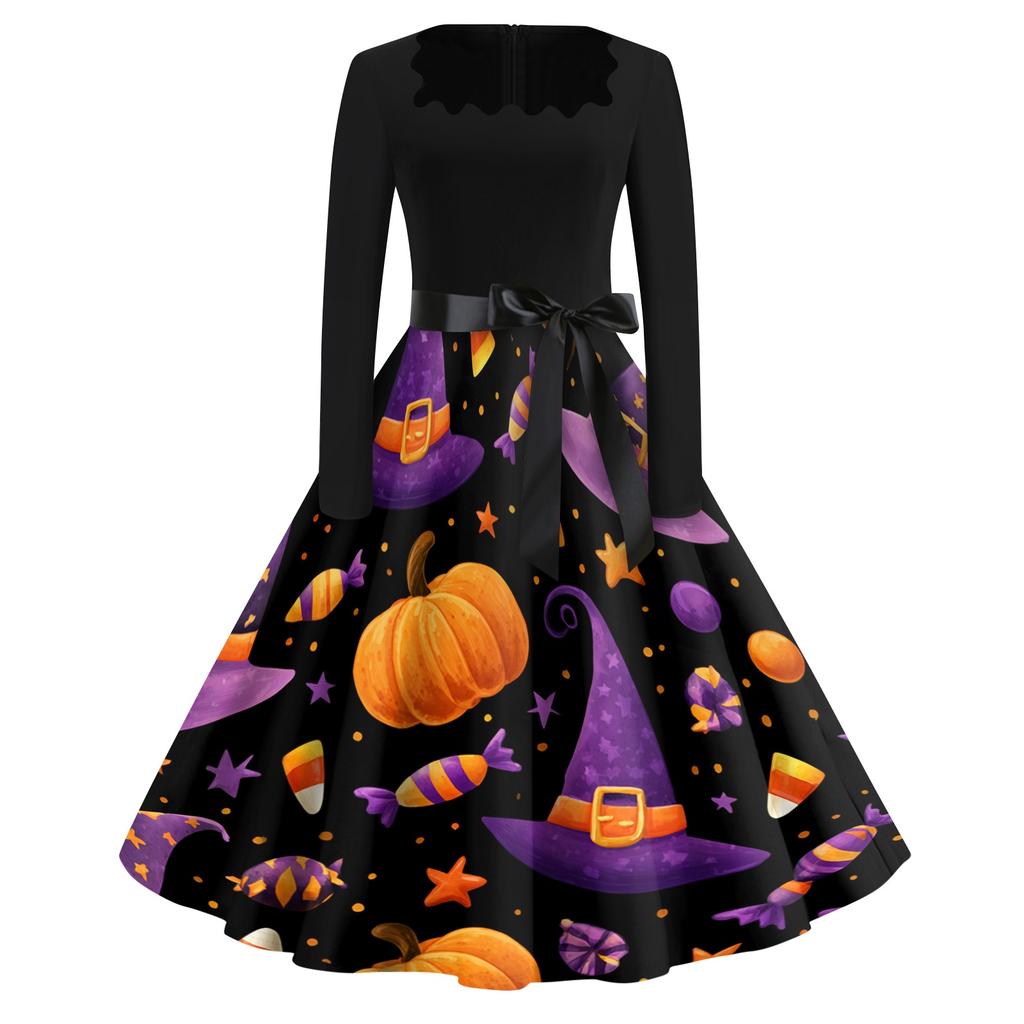 Women's Vintage Square Neck Casual Dress with Halloween Print for Fall Occasions