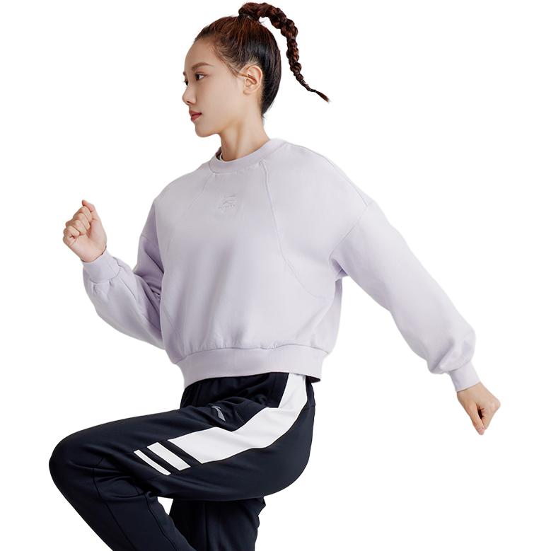Li Ning Seria Treningowa Seria Fitness Jednolity Kolor Haftowane Logo Okrągły Dekolt Długi Rękaw Bluza Damska Beżowa AWDR922-6