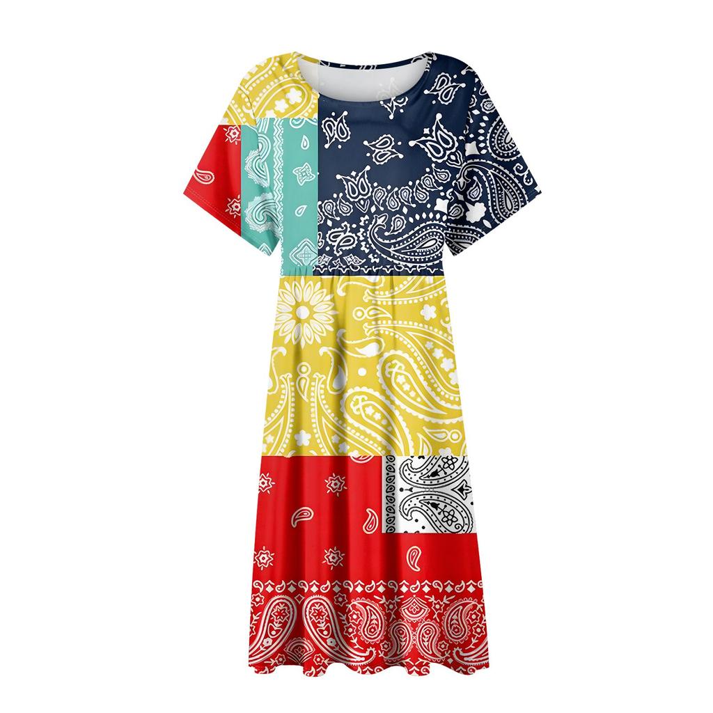 Rochie midi casual de damă cu gât rotund, mânecă scurtă și imprimeu retro