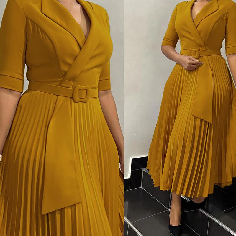 L51 Women's Suit Collar Tie-Waist Pleated African Dress