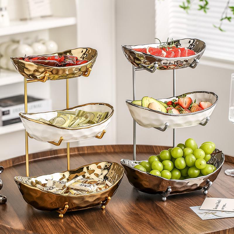 Elegant Multi-Layer Ceramic Fruit Bowl with Electroplating - High-Value Dried Fruit Storage Rack