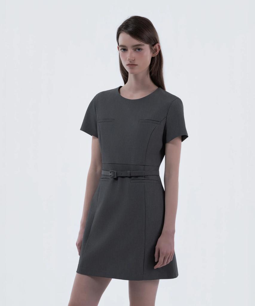 Mausolleum Belted Round Neck Suit Dress - Gray