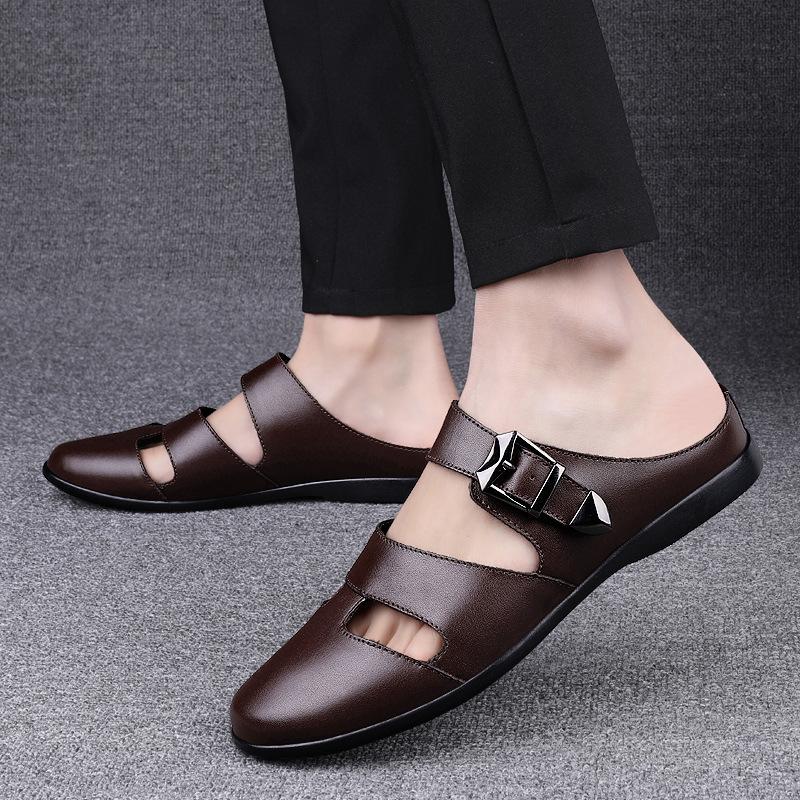 Men's shoes, sandals, half slippers, summer cowhide overalls, flat-soled Muller shoes, one pedal, hole shoes, cool slippers, men