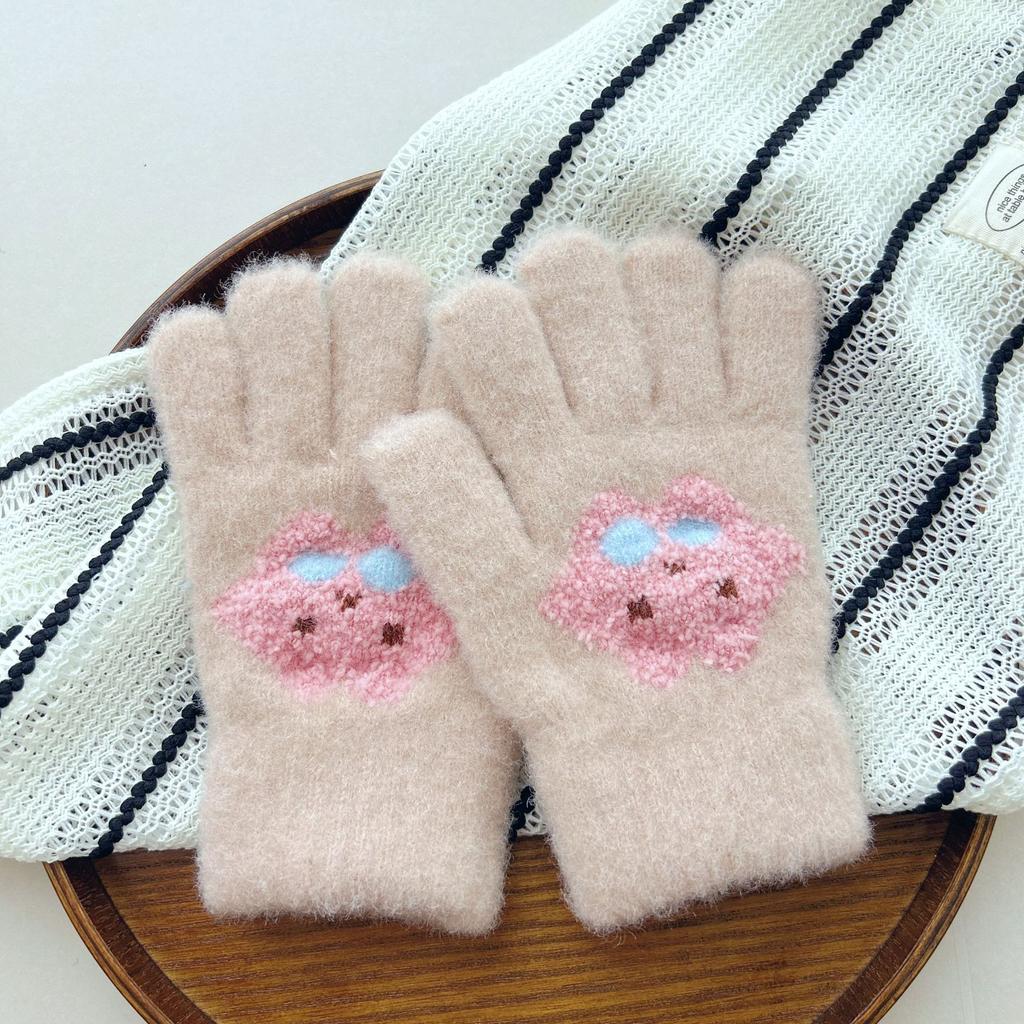 8-12 years old children's gloves knitted primary school students to keep warm in winter boys and girls cute velvet cold-proof cartoon finger line
