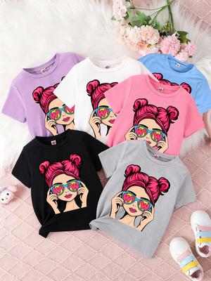 Childrens Shortsleeved Tshirts for Boys and Girls Loose and Breathablepop Art Girl Wow Sunglasses Cartoon Girl Retro Pop