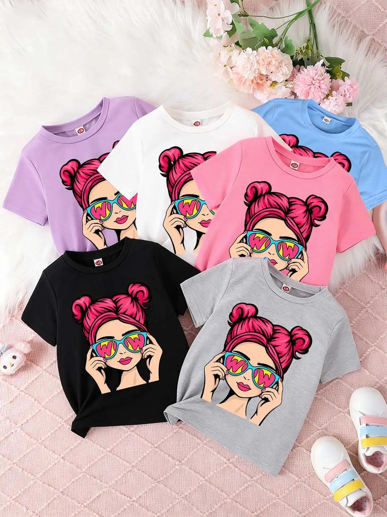 Childrens Shortsleeved Tshirts for Boys and Girls Loose and Breathablepop Art Girl Wow Sunglasses Cartoon Girl Retro Pop