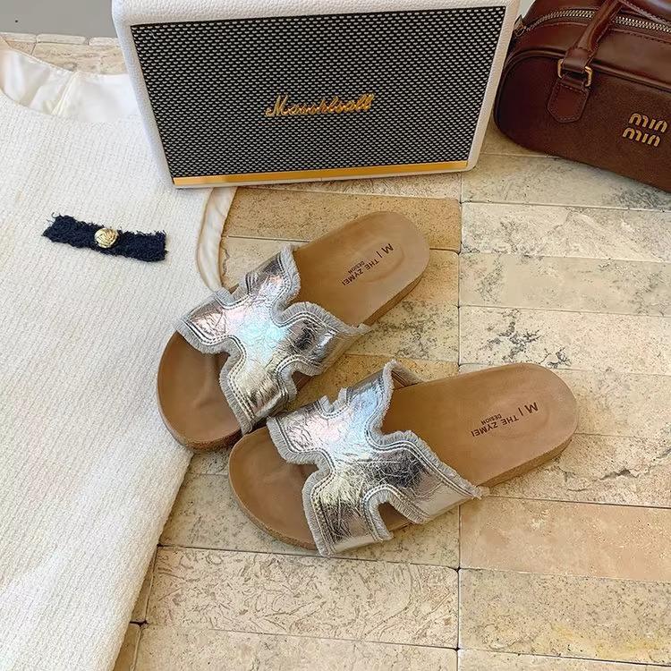 Birkenstock slippers women's outerwear 2025 new high-end French soft-bottomed beach cool slippers with skirt one-word slippers