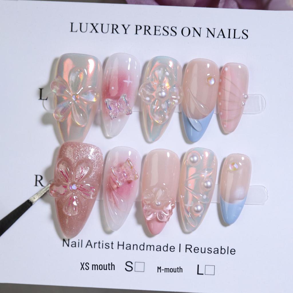 3D Carved Almond Wearable Nails - Handmade Exquisite Summer Nail Art