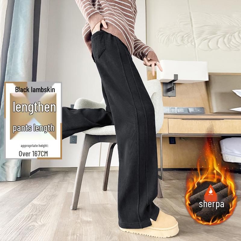 Women's Lambswool Wide-Leg Sweatpants, Autumn/Winter Narrow Straight-Leg, Tall Plus Velvet, Extra Length, Outerwear Cotton Pants.