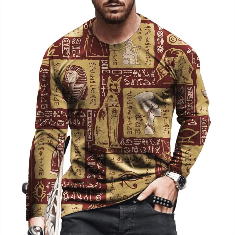 Ancient Egyptian Pattern Print T-shirt Autumn Men's O-Neck T-shirt Casual Long Sleeve Oversized Tops Fashion Streetwear Tees