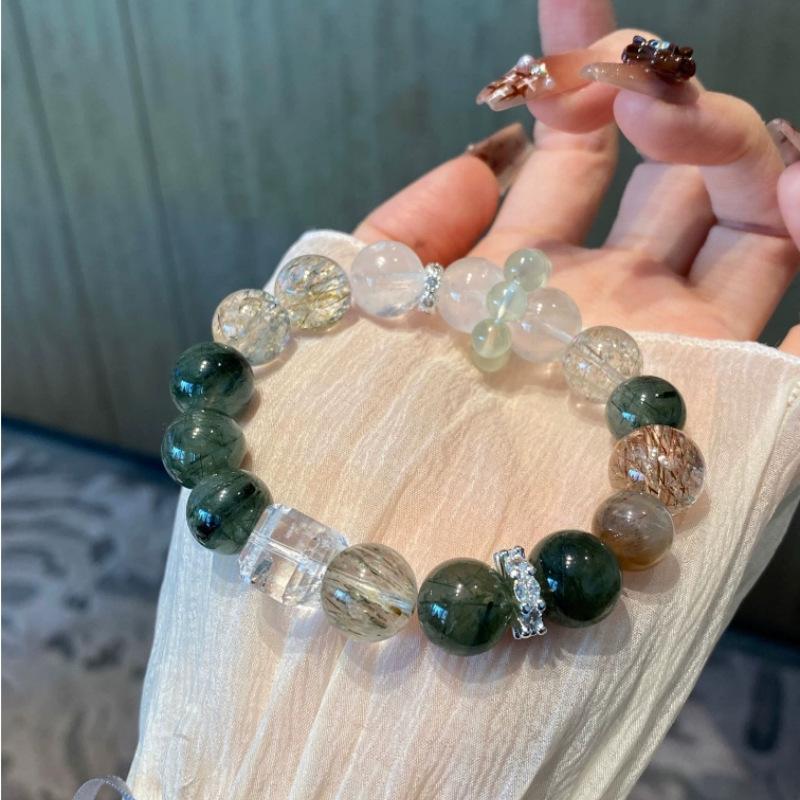 

Natural Green Rutilated Quartz, Black Gold Super White Phantom White Crystal Cube Bead Bracelet, Prehnite for Wealth and Fortune, for Women about12MM Left and right