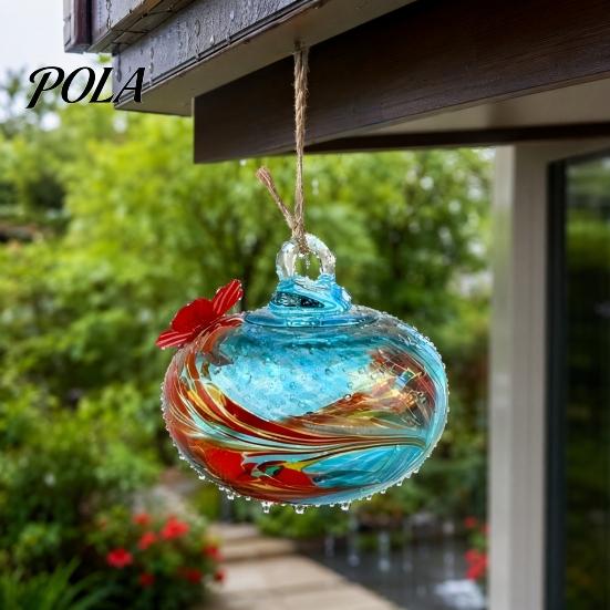 Blown Glass Hummingbird Feeder, Outdoor Hanging Colorful Nectar Feeder with Two Flower Feeding Ports for Garden Backyard Decor Sale Goods