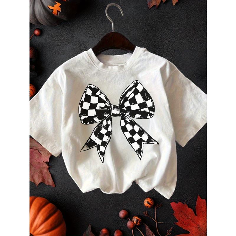 Girls Crewneck Short Sleeve Tee, Checkerboard Bow Print 110 белый