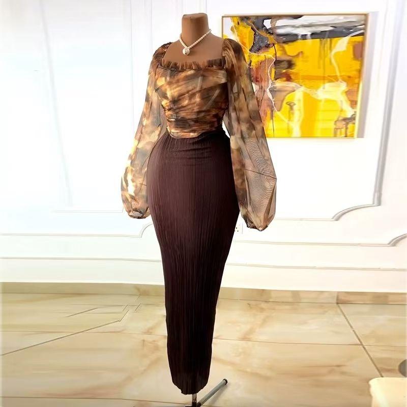 

Western Style Square Collar Lantern Sleeve Shirts Skirt Two-Piece Suit Printed Shirt and Skirt Set Brown XXL
