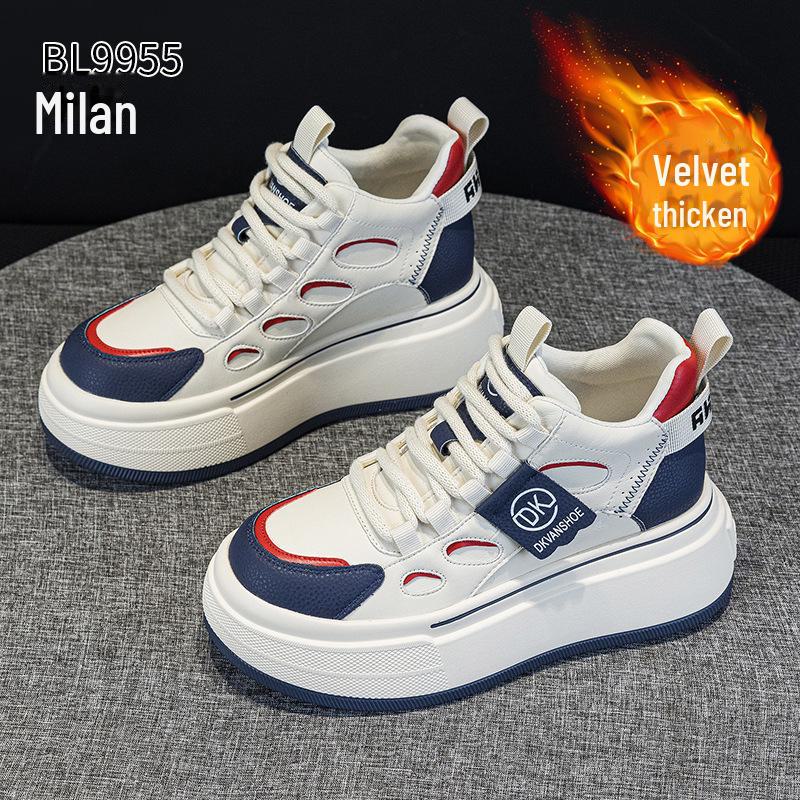 Women's Genuine Leather Velvet Platform Sneakers - Warm, Thick-Soled, Casual High-Tops for Spring 2025.