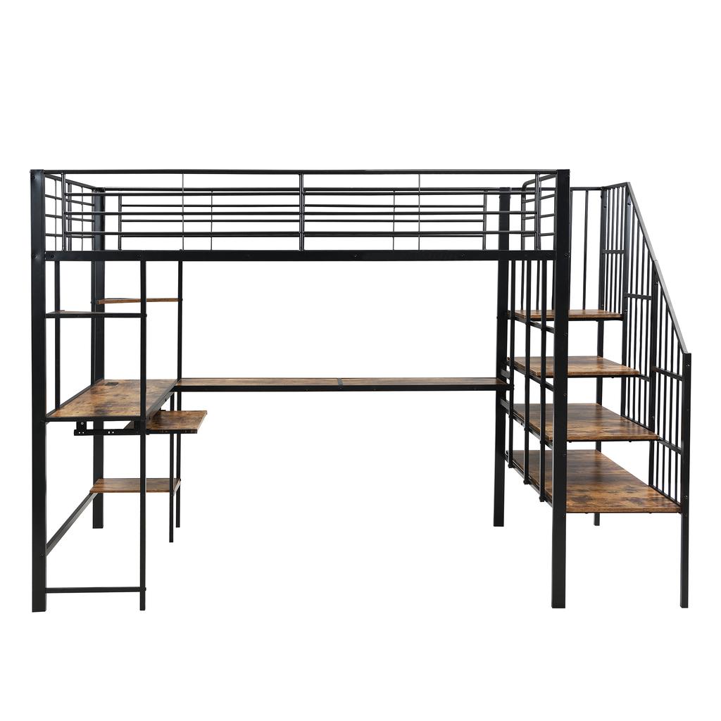 Bed, Loft Bed, Charging Port, Comfortable and Safe Corner Staircase, Desk Area with Keyboard Tray and Storage, Iron + MDF, Black + Dark, 120x200cm