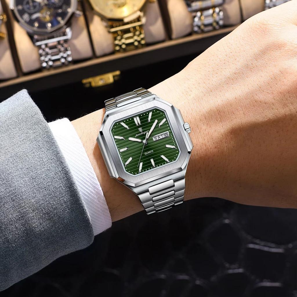 POEDAGAR Original Square Man Watch Waterproof Luminous Date Week Fashion Men Clock Stainless Steel Business Men's Quartz Watches