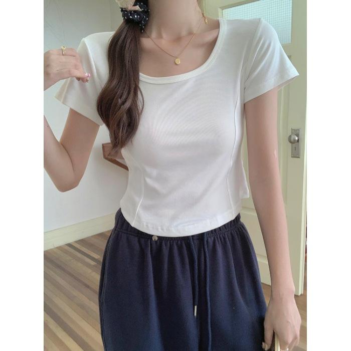 Special Model American Retro U-neck Short-sleeved Women's T-shirt Summer Thin Slim Fit Pure Desire Positive Shoulder Exposed Collarbone Tide